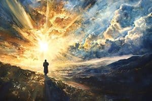 Beginning the heroine's journey refusal stage: lone figure facing overwhelming divine light explosion breaking through dramatic clouds in cosmic theophany