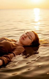 "Peaceful woman floating in water bathed in golden light, symbolizing the surrender required to enter practical mysticism"