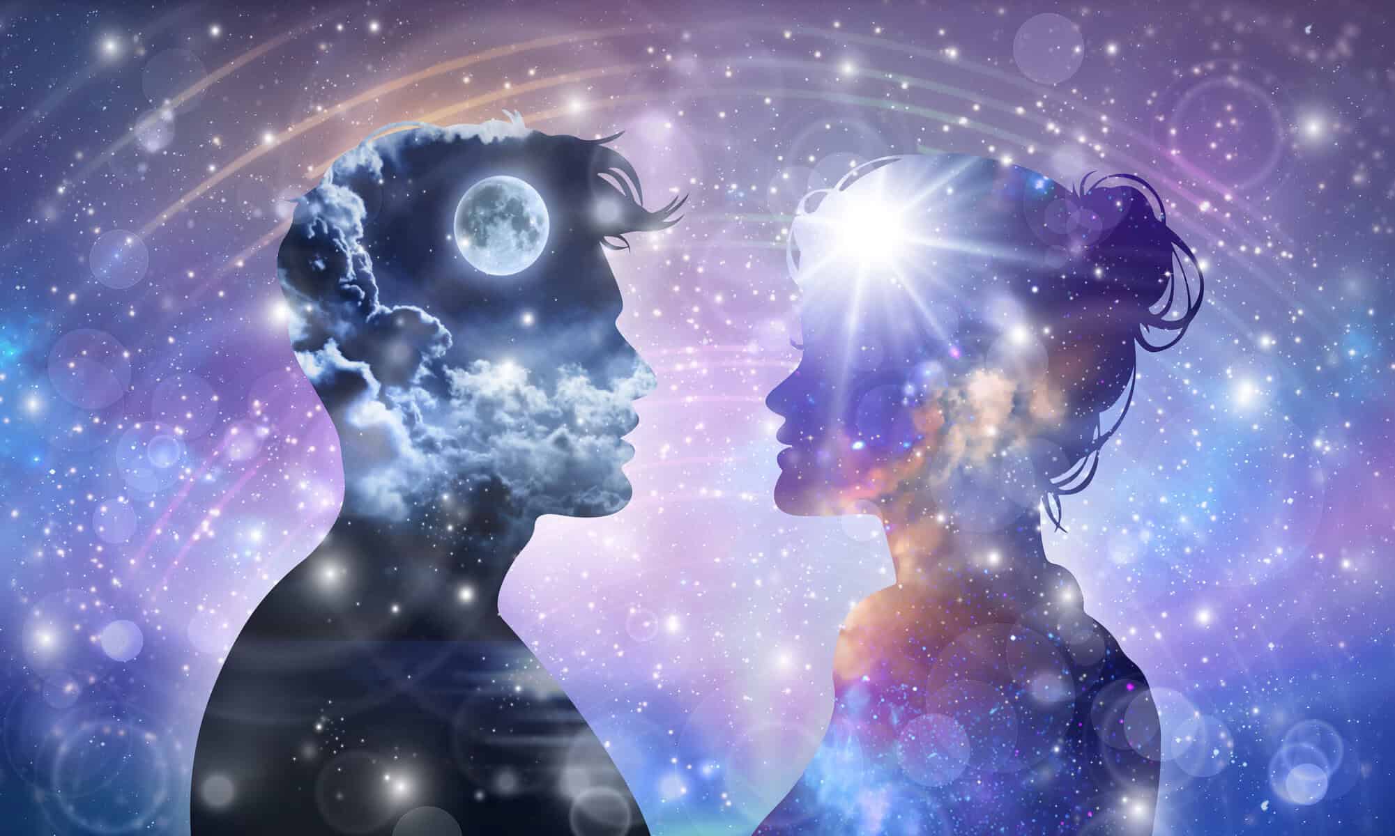 Apollo and Maghdalena in syzygy - masculine and feminine cosmic silhouettes in sacred alignment, channeling prophecy through divine union