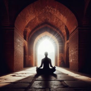 Meditation for divine connection through ancient temple gateway archway