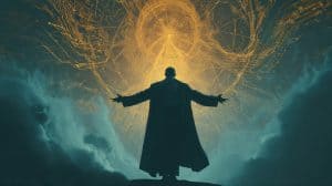 Meditation for divine connection - meditating figure opening through golden spiritual light