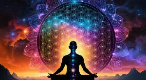 Sacred geometry flower of life pattern with illuminated chakras for meditation