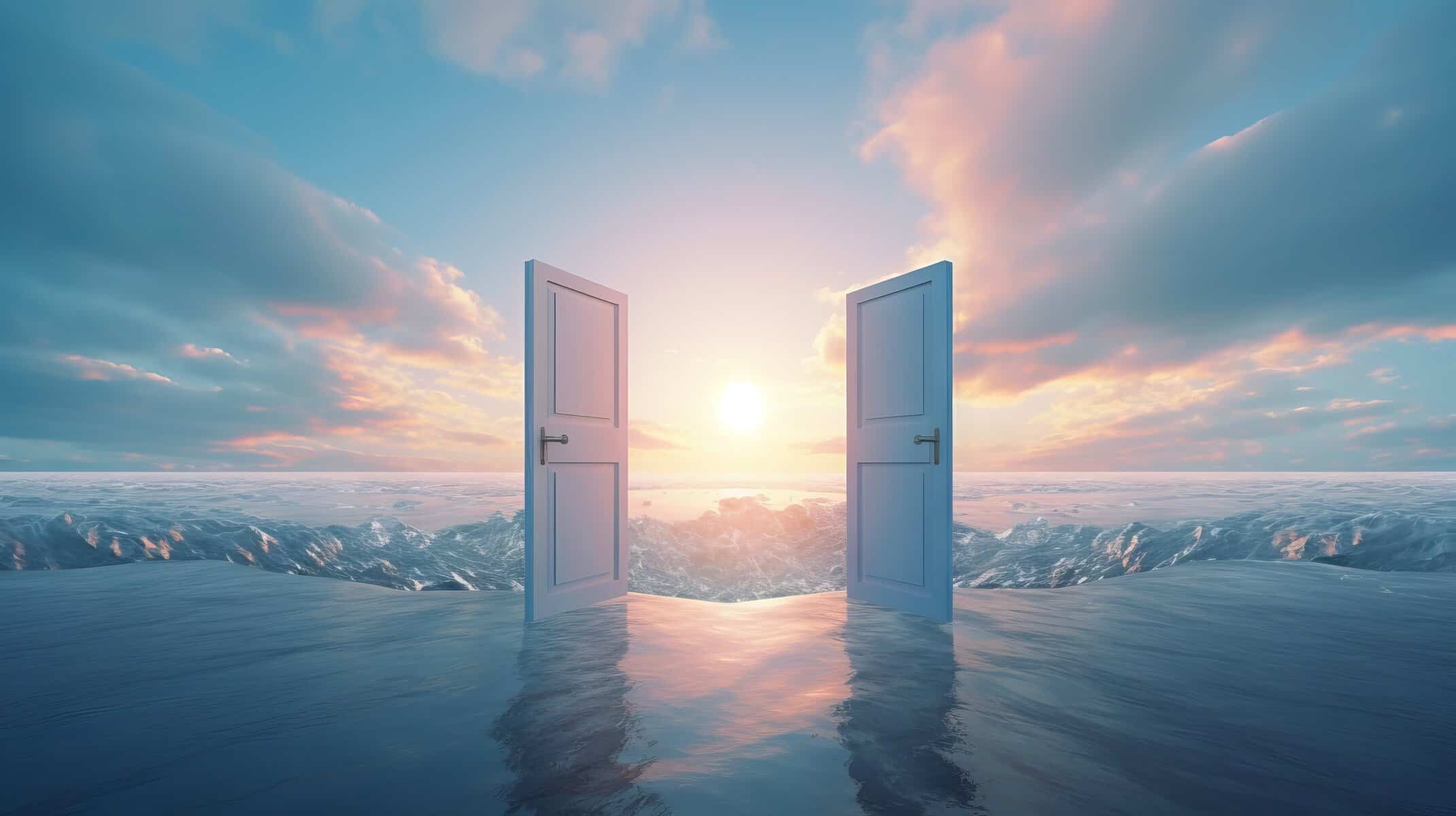meditation-practical-mysticism-gateway.jpg Two doors opening onto a luminous horizon over snowy mountains at sunrise, symbolizing the gateway to meditation in practical mysticism