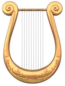 Ancient Greek lyre with spiral volutes and laurel leaves, Apollo's sacred instrument symbolizing divine connection, oracle wisdom, and the voice through which the god speak
