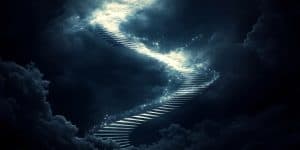 Luminous stairway ascending through cosmic clouds toward bright light, representing sacred way to divine connection leading upward and onward