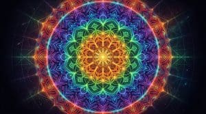 Brilliant rainbow mandala with sacred geometry radiating from golden center - all colors of divine connection