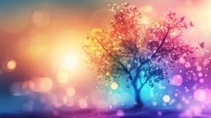 Mystical tree with rainbow-colored light effects and glowing orbs, representing Yggdrasil world tree visualization meditation