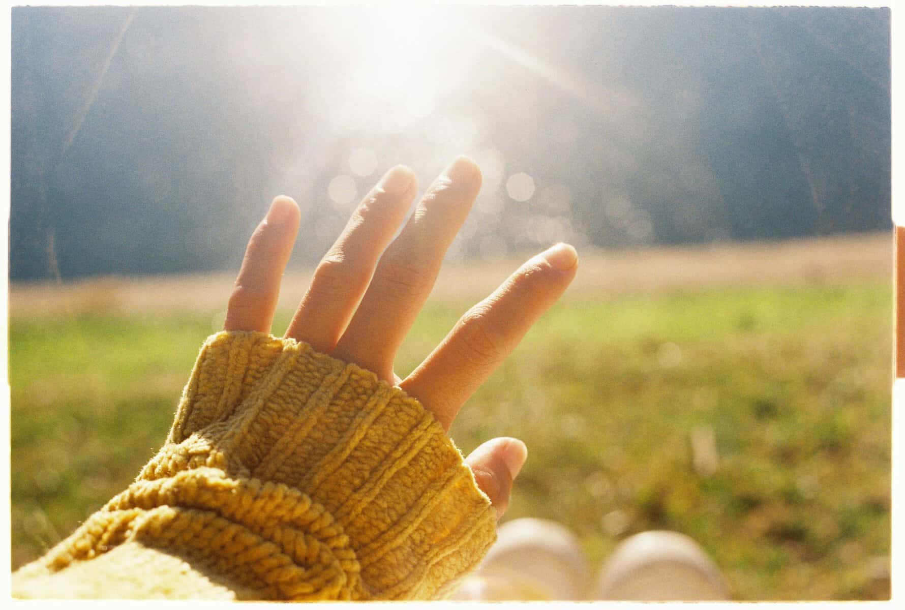 beginning-the-heroines-journey-taking-apollos-hand.jpg Hand in golden yellow sweater reaching toward brilliant sunlight in open meadow, lens flare creating halo effect, representing taking Apollo's hand and beginning the heroine's journey