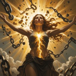 Woman defiantly breaking chains as Apollo's golden light explodes from her heart, symbolizing sacred rebellion at the beginning of my writing journey