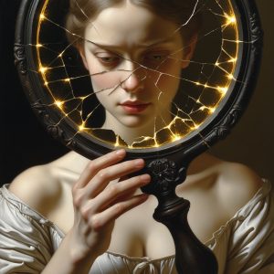 Woman holding shattered mirror with golden light streaming through cracks, symbolizing the ongoing breaking of illusions and changing beliefs about writing on my journey