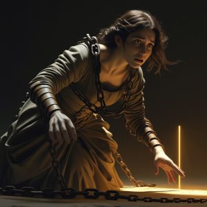 "Woman bound by chains reaching desperately toward light, symbolizing being paralyzed by fear and lies at the beginning of my writing journey"