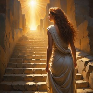 Woman in classical dress standing at base of golden stairs ascending toward brilliant divine light, representing the sacred journey of writing as devotional practice with Apollo