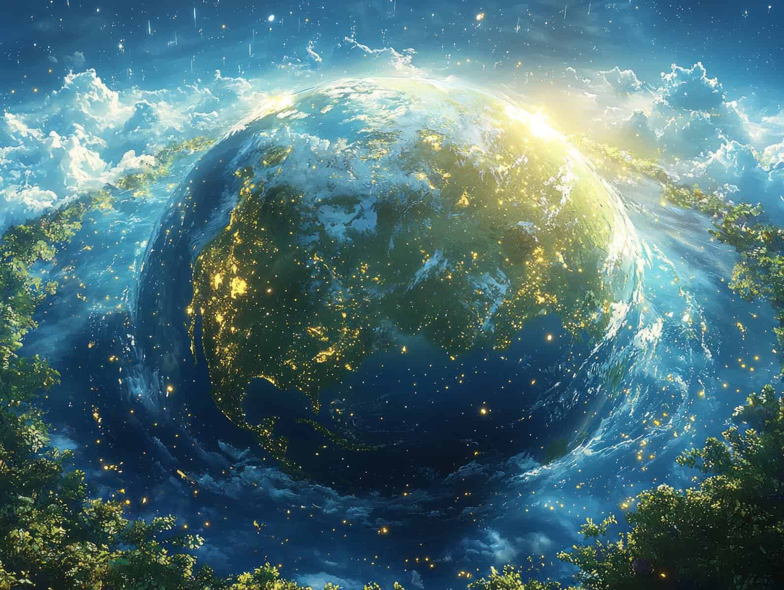 Earth surrounded by ethereal cosmic aura and sparkling energy particles representing planetary healing and energy work