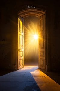 Ornate double doors opening into brilliant golden light, path illuminated on floor, representing the invitation and opportunity at the beginning of the heroine's journey