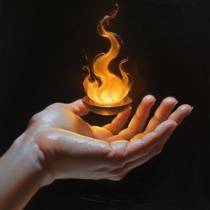 Hand holding bowl with golden flame against darkness, symbolizing the mutual offering between human and divine at the beginning of my writing journey