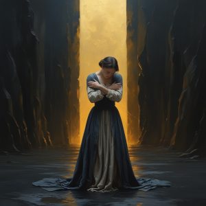 Woman standing alone between dark walls bathed in golden divine light from above, symbolizing Apollo's belief in me even when I believed nobody else did during my writing journey