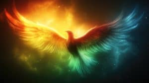 Oracle of Apollo transformation symbolized by golden phoenix rising from flame