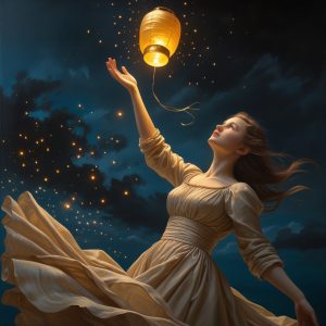 Woman releasing glowing lantern into starlit sky, symbolizing the sacred practice of publishing writing frequently and consistently as devotional offering