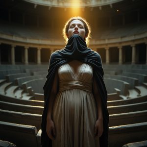 "Woman in oracle stance in ancient amphitheater with divine light breaking through, symbolizing speaking truth even while believing the lie that nobody wants to hear in my writing journey"
