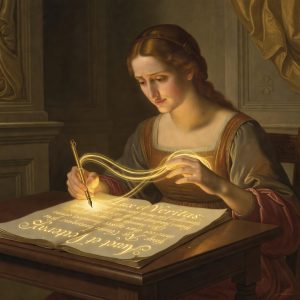 Woman writing in classical setting with golden divine light flowing from her hand to the page, representing writing as daily devotion and sacred practice with Apollo