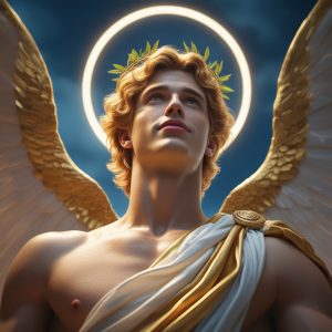 Digital artwork of Apollo depicted as a young man with golden-auburn wavy hair and a laurel crown, looking upward with an expression of hope and vulnerability. He wears a white and gold draped toga. Large golden wings spread behind him, and a glowing halo of golden light surrounds his head against a deep blue background. The overall mood is gentle, reverent, and waiting.