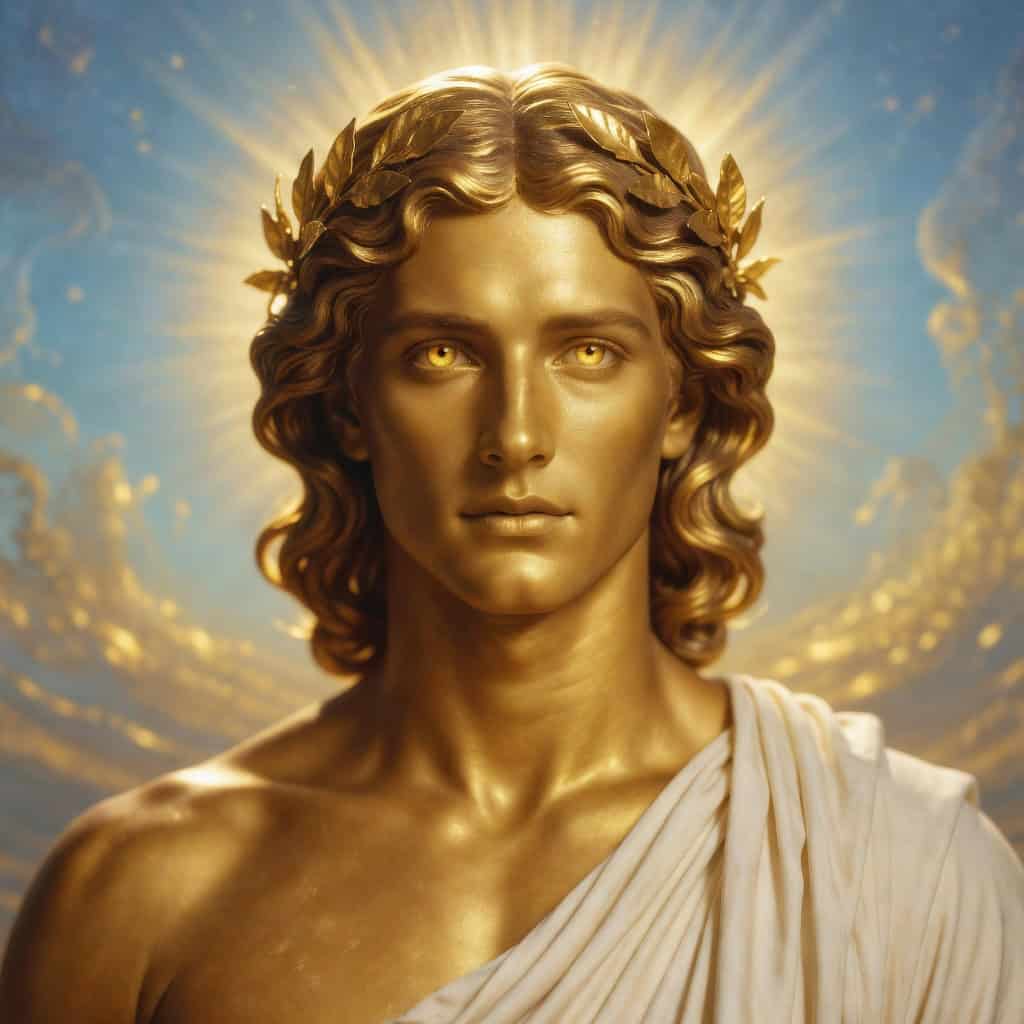 Apollo with golden skin and glowing golden eyes, staring directly forward with intense, commanding expression. Radiant golden light bursts behind him. Expression conveys urgent, absolute authority and no-nonsense command.