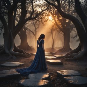 Beginning the heroine's journey: woman in blue facing illuminated forest portal formed by ancient twisted trees