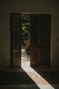 Beginning the heroine's journey - weathered wooden doors opening from darkness into sunlit garden with pink flowers and palm, light streaming across threshold floor