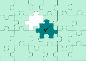 The Oracle's puzzle: a teal piece marked with truth's checkmark, filling the gap in a mint green field where one white mystery piece once lived - ADHD diagnosed, understanding complete