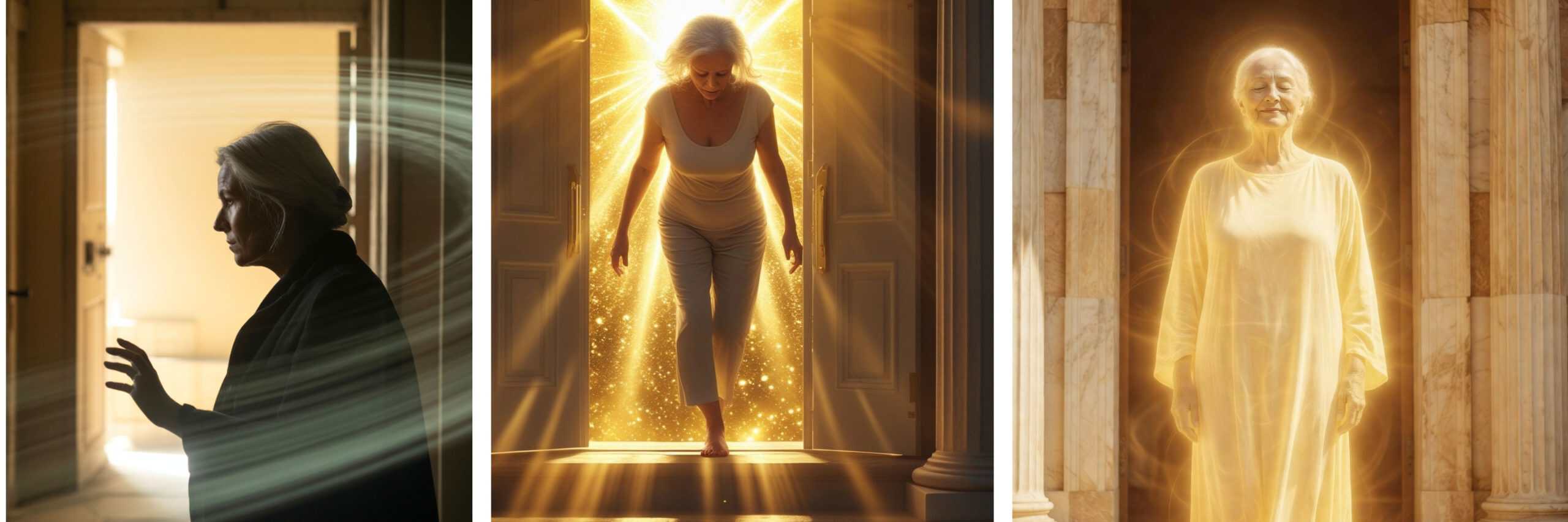 Three-panel triptych showing Oracle's transformation: left panel shows woman in shadow turning from doorway, center panel shows woman crossing threshold in golden light, right panel shows woman in temple radiance wearing white robes—depicting the journey from darkness through threshold to divine union