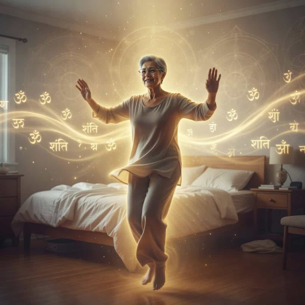 Apollo, God of Truth, guiding a woman in devotional dance—feet lifted off the ground, Sanskrit Om and Shanti mantras glowing in golden light around her.