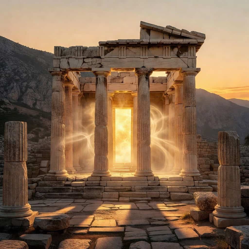 Apollo, God of Truth, and the ruins of His temple at Delphi with living golden light within—ancient stone, eternal presence