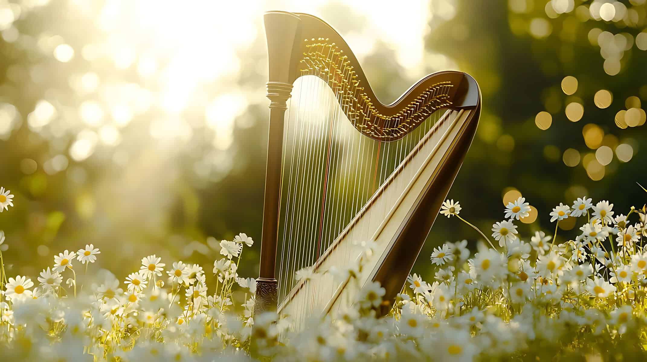 Beautiful harp surrounded by daisies in golden sunlight representing Apollo god of truth as healer, musician, and bringer of light and harmony