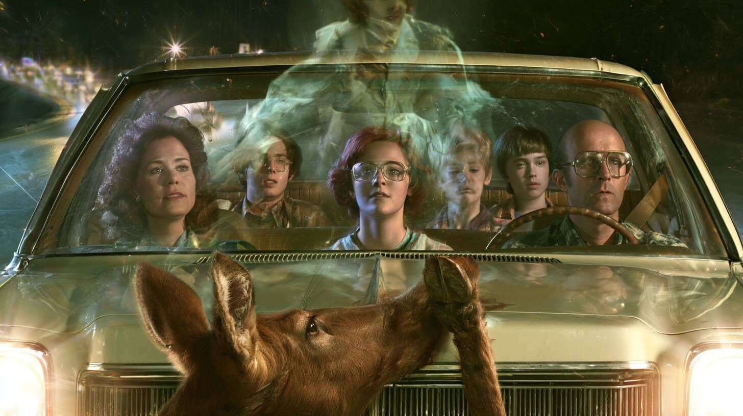 Double-exposure image of family in station wagon with ethereal deer and divine light, representing divine intervention and protection