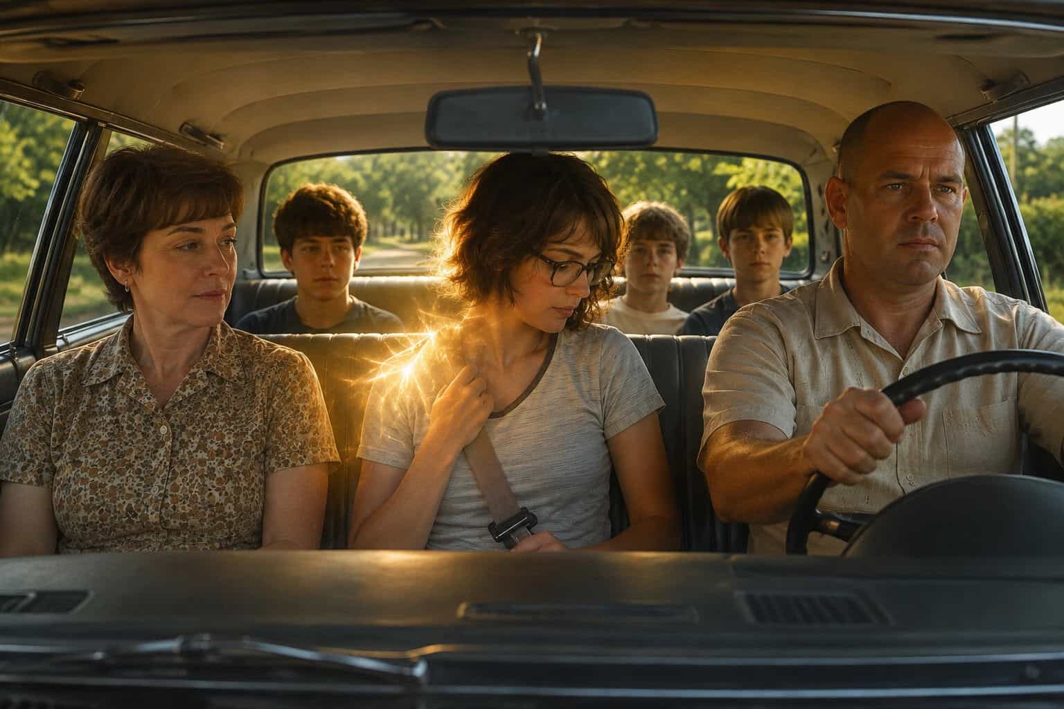 Family of six in a station wagon during golden hour, woman in center praying or touching her chest, representing the moment of obeying a divine command to put on a seatbelt before a life-saving miracle