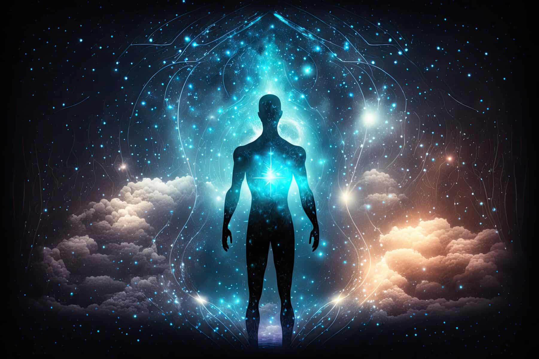 Silhouette of figure filled with cosmic stars and nebulae, radiant light blazing at heart center, standing at threshold between worlds with flowing energy lines connecting earth and cosmos
