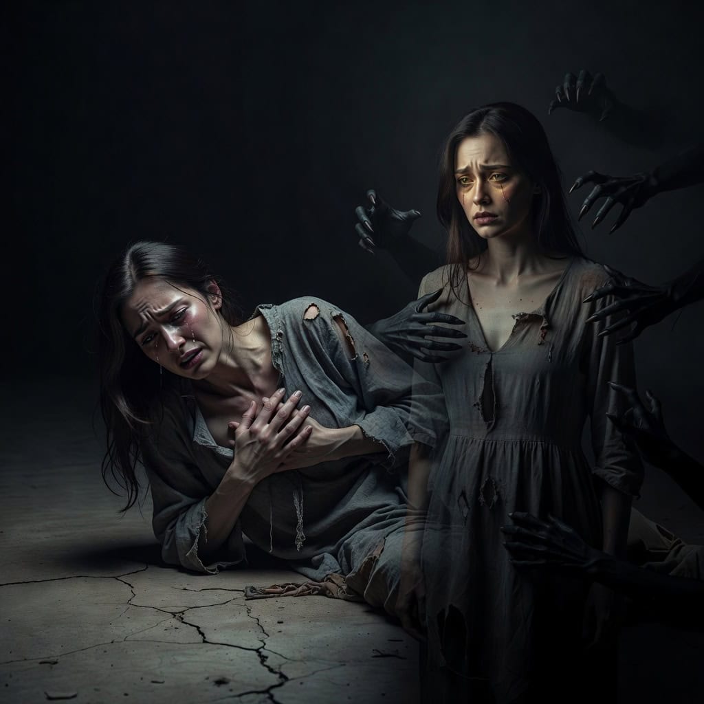 Woman depicted in two states simultaneously—one side broken and collapsed, the other healing but exhausted—both sitting on cracked ground as shadow hands reach from darkness, representing the cycle of draining, brief recovery, and breaking again
