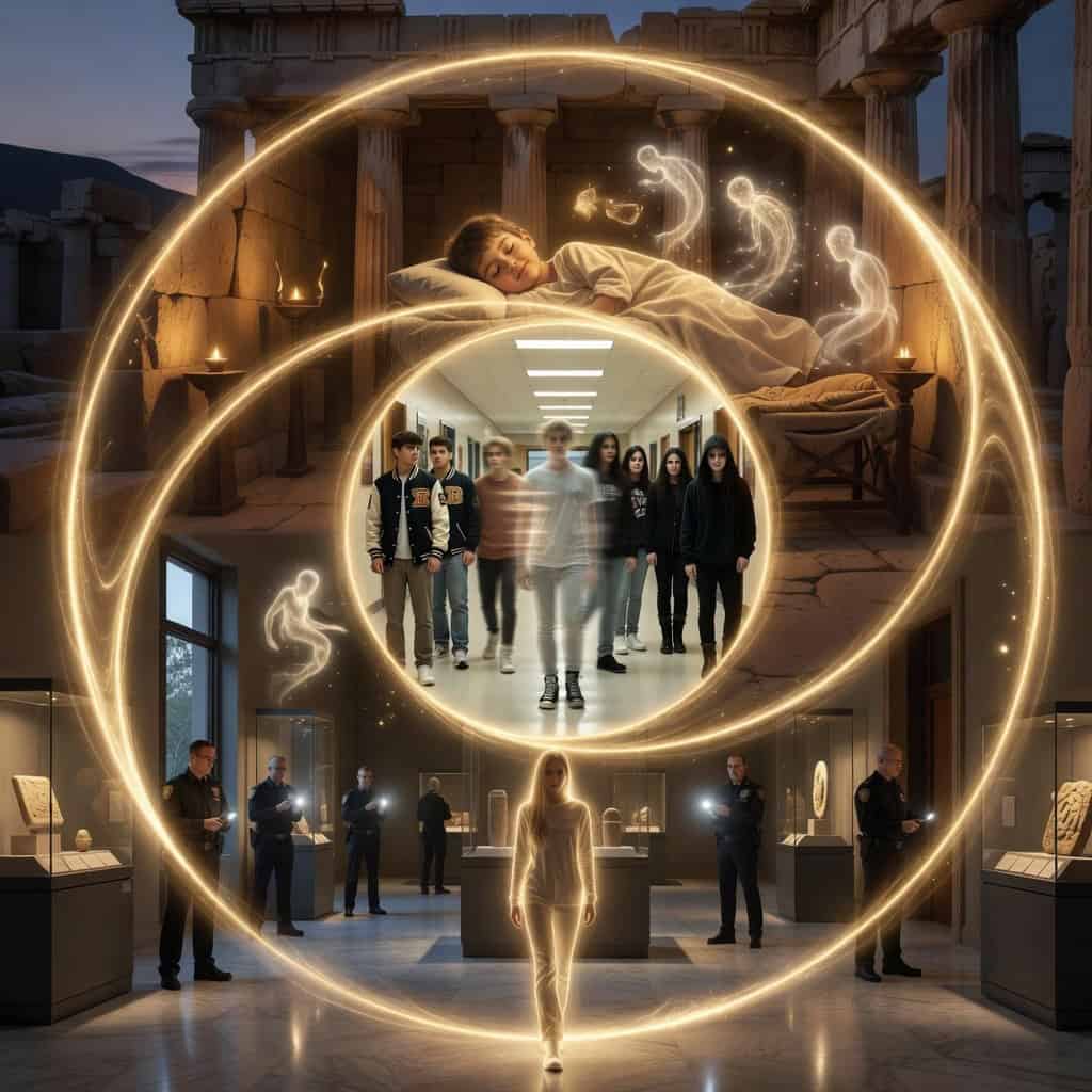 Luminous figure walking through golden spiral portal connecting ancient temple, school hallway, and museum with security guards, depicting oracle abilities across multiple realms