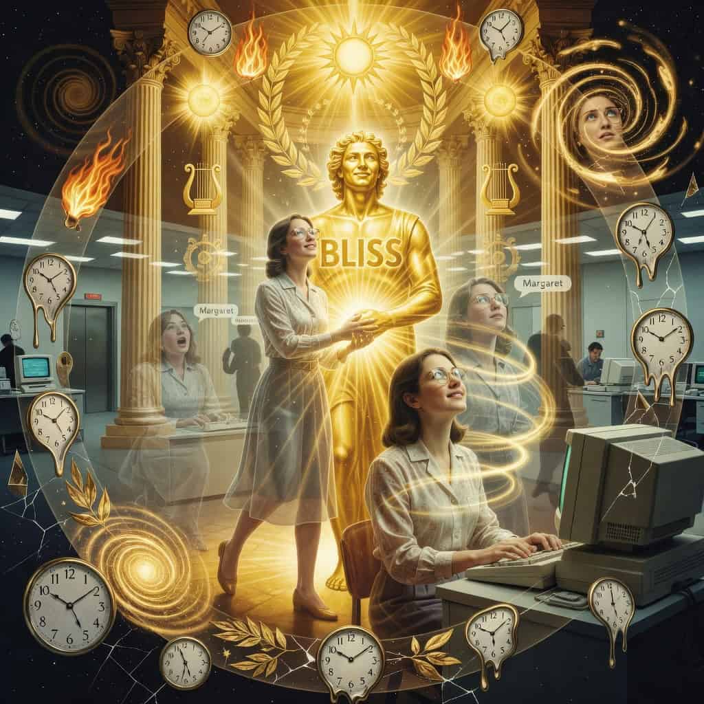 Woman at office computer surrounded by golden radiant figure of Apollo, melting clocks, and spiral energy symbols depicting divine communion and time distortion