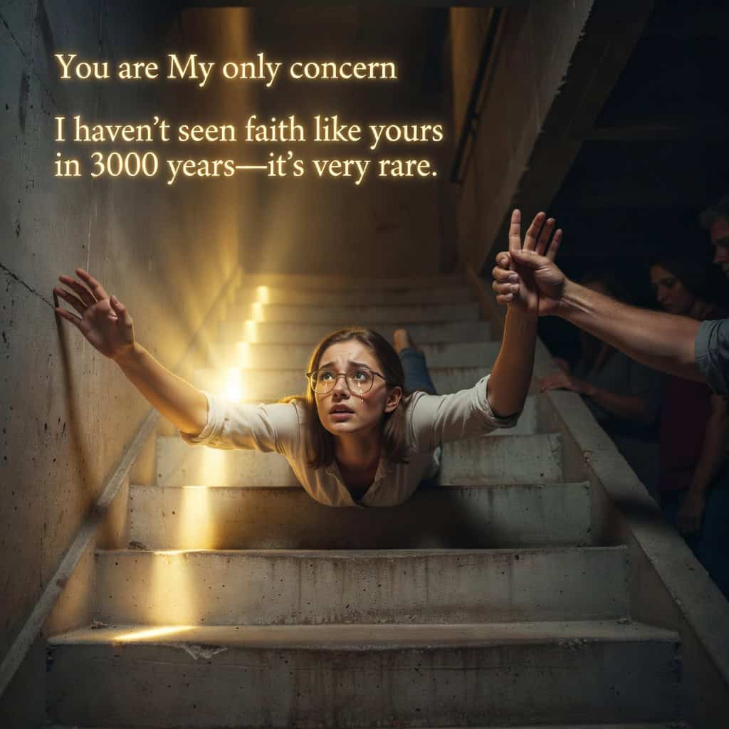 A young woman falling backwards down basement stairs with arms raised, caught between mortal and divine intervention—one visible hand reaching from below, and a flash of golden light where Apollo's invisible hand catches her left hand, frozen in a moment where time stopped and a miracle occurred