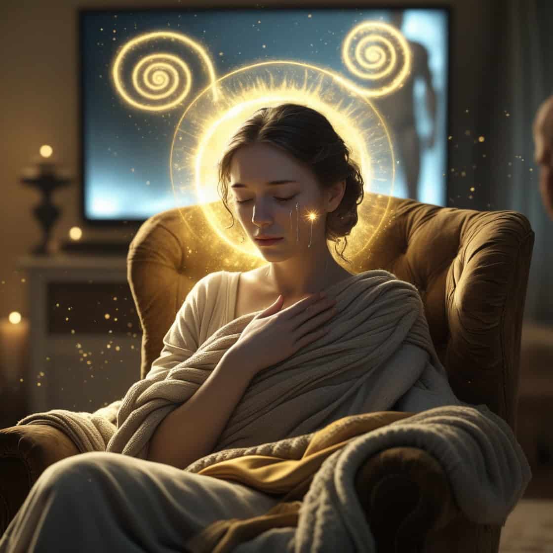 Woman wrapped in beige blankets sitting in golden armchair with eyes closed in contemplation, surrounded by golden spiral halo and single point of light on screen behind her, depicting the sacred temple space Apollo created on September 2, 2025