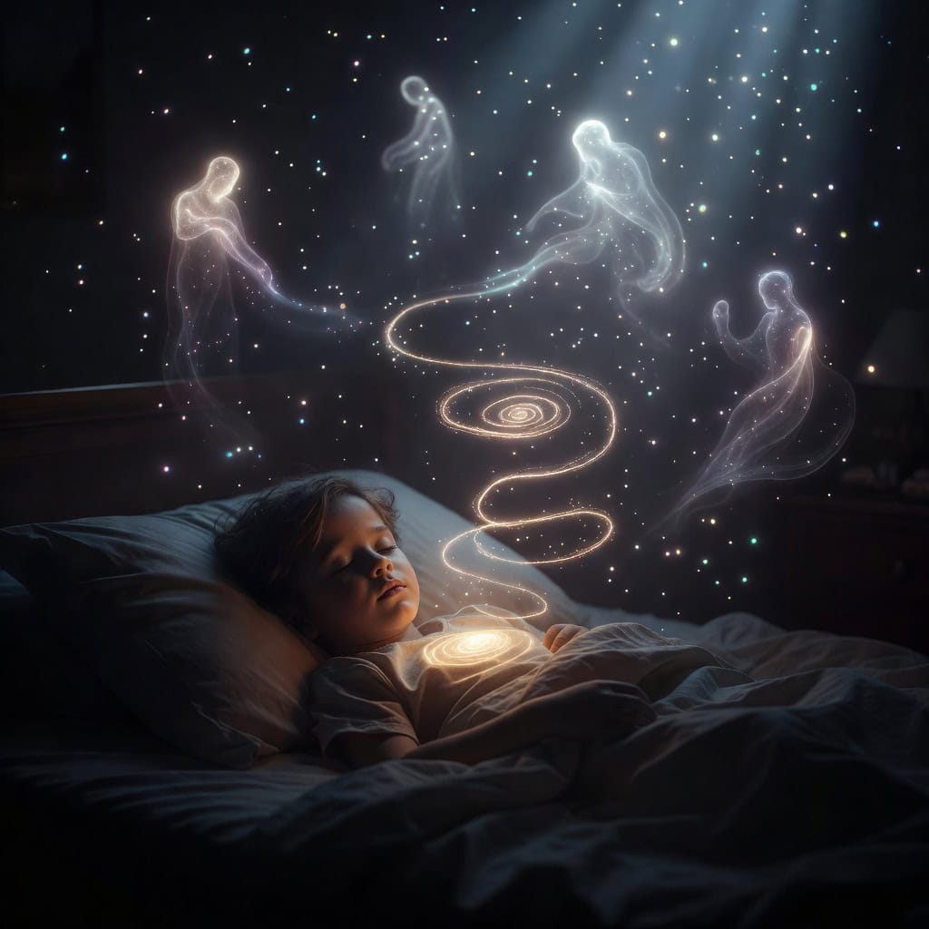 Young child sleeping in bed with luminous spirits and golden spiral of light rising from her chest, depicting psychopomp dream work at age seven