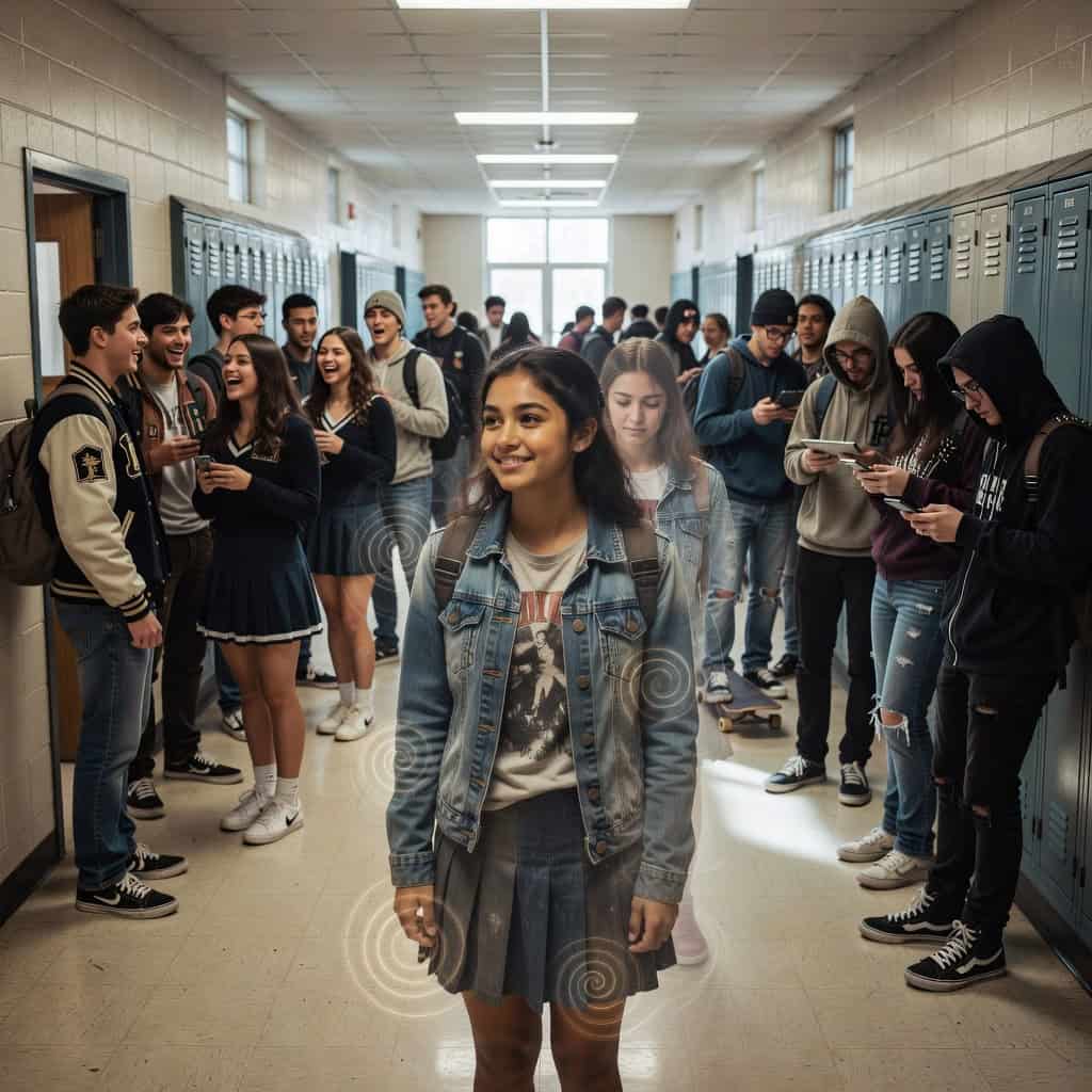 Teenage girl walking through crowded high school hallway with spiral energy symbols, surrounded by diverse social groups, depicting shamanic shapeshifting abilities