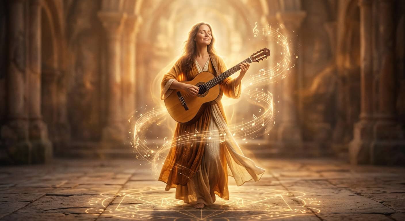 A sacred temple space with golden light streaming through tall classical columns, illuminating a woman in flowing white standing in reverent communion, playing her guitar, geometric patterns spiraling across marble floors beneath a celestial ceiling