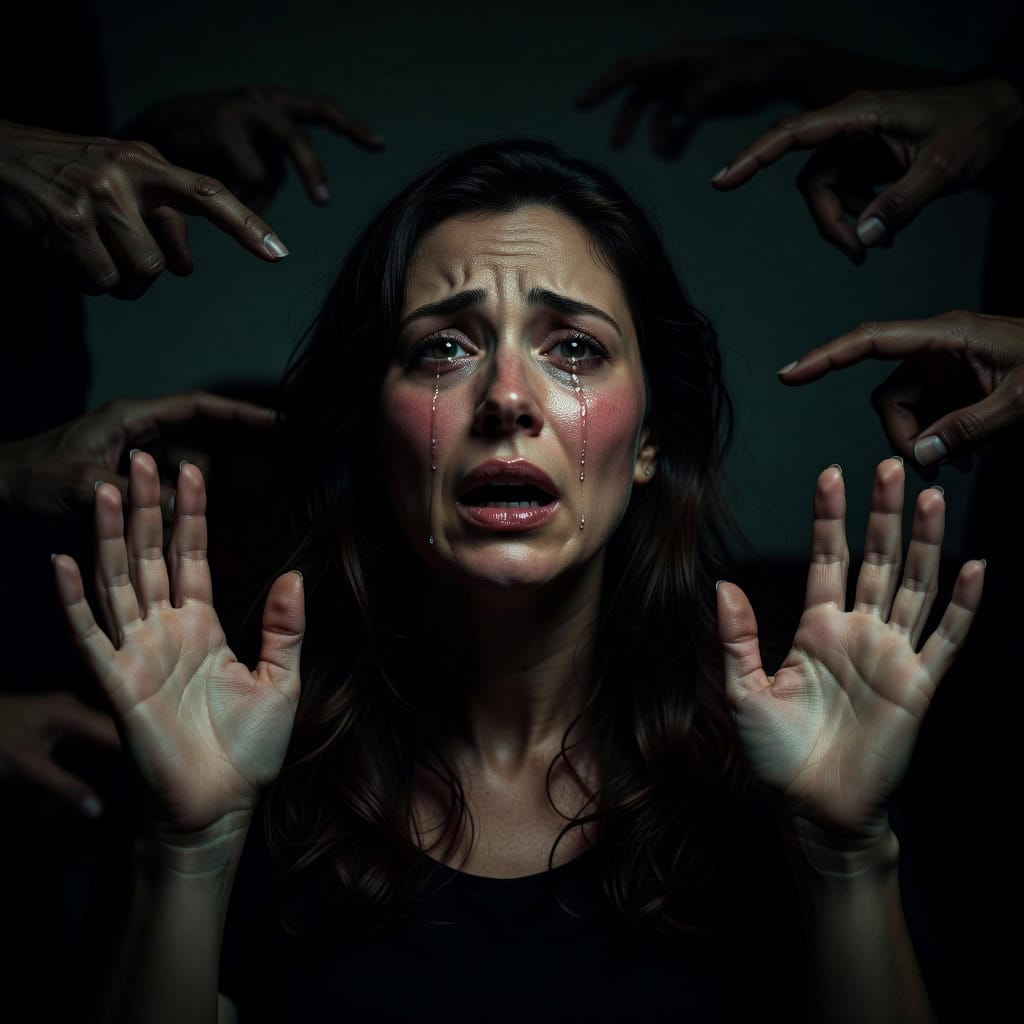 Woman in tears, hands raised in surrender, surrounded by pointing fingers—the moment when vampirism disguised as love becomes accusation, blame, and 'you're the problem