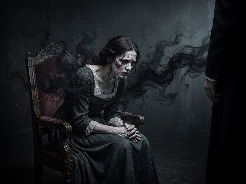 Woman sitting collapsed in chair surrounded by dark smoke and shadows, representing emotional and psychic exhaustion from vampirism disguised as love